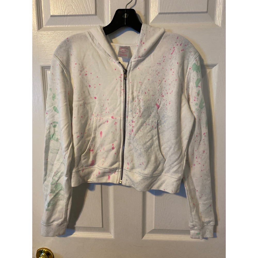 No Boundaries White Paint Splatter Zip Up Hoodie Juniors Medium 7-9 Cropped Top